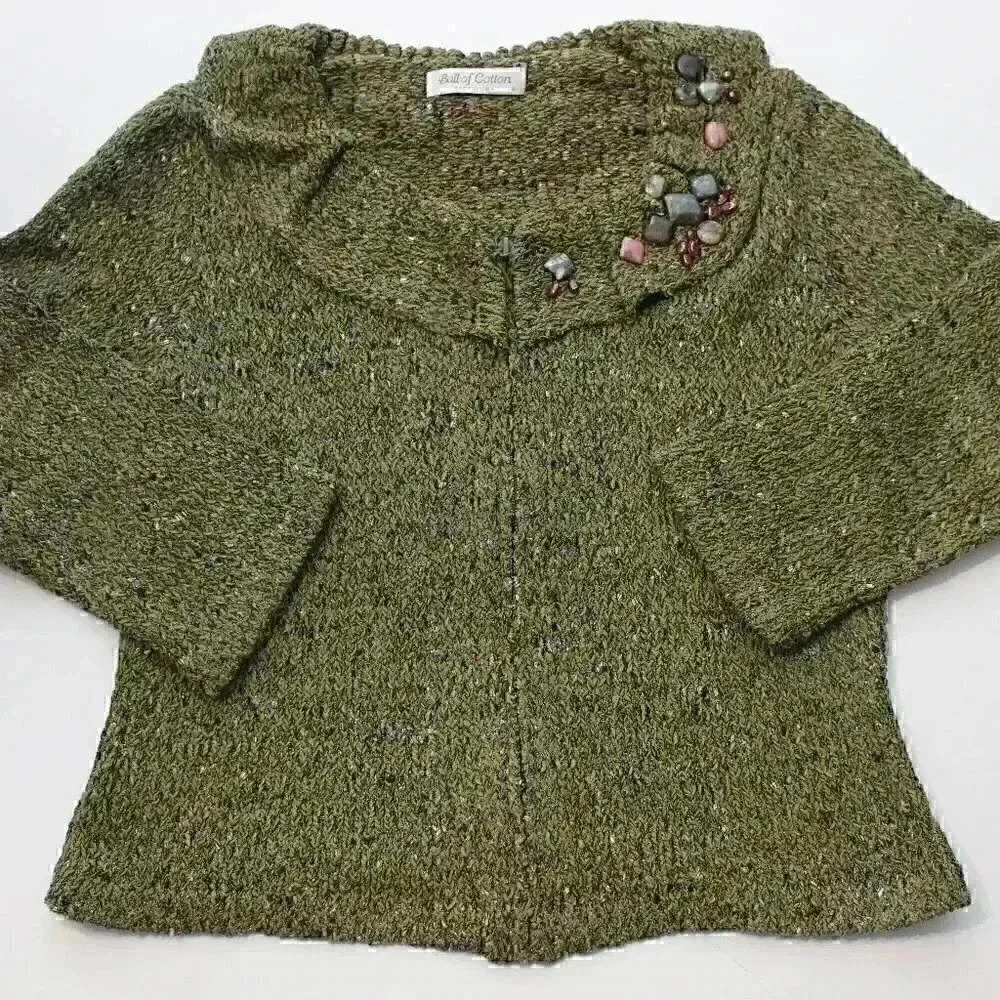 Vintage Ball of Cotton Small Marled Yarn Boho Hippie Beaded Cowl Neck Zip Jacket - Picture 11 of 16